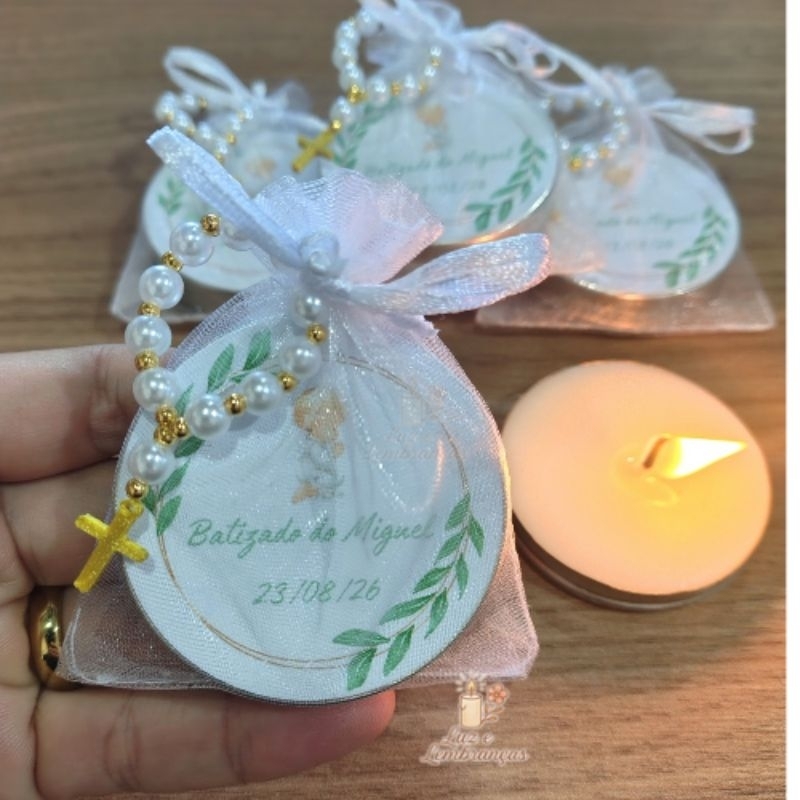10 velas personalizadas com Mini terço lembrancinha de batizado verde