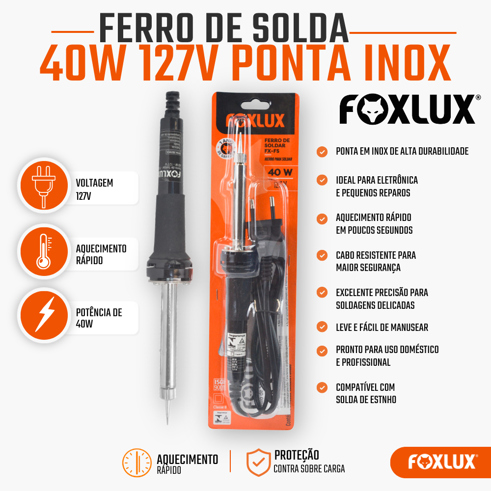 Ferro de Solda Foxlux 40W 127V Ponta Inox com Suporte