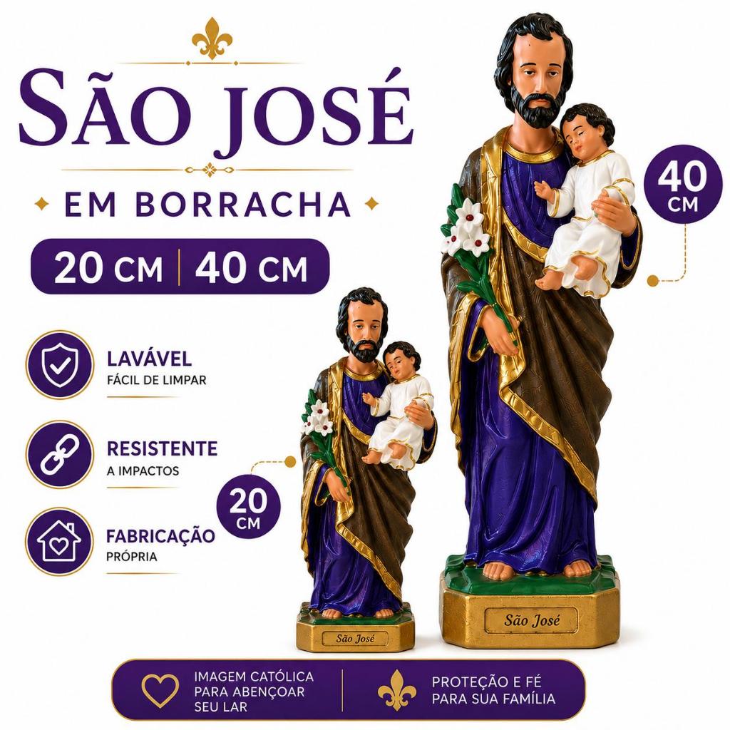 Imagem São José 20 cm e 40 cm em Borracha Santo São José com Menino Jesus Lavável, Resistente e Fabricação Própria