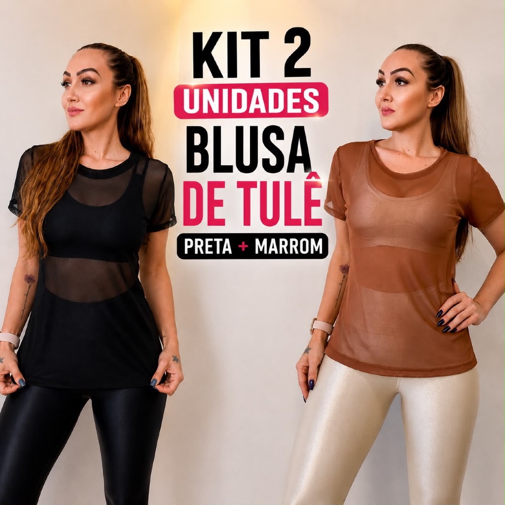 Kit 2 Blusa Feminina Transparente de Tule Manga Curta Camiseta Academia Treino