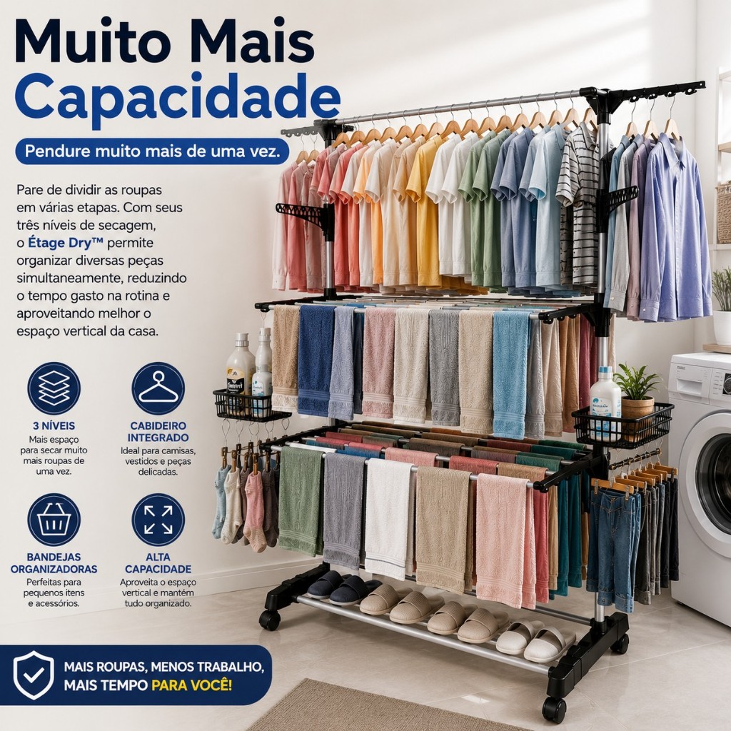 Varal Multiuso de Chão Dobrável 3 Andares Organizador de Roupas com Cabideiro Preto — imagem 2 de 2