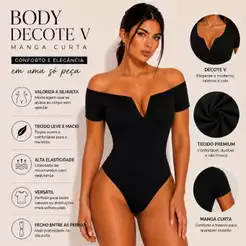Body Feminino Ombro a Ombro Decote V Manga Curta Ciganinha Elegante Liso
