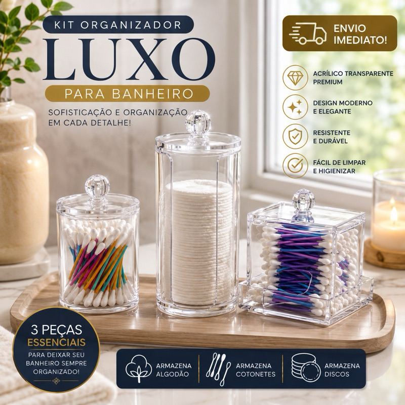 Kit Porta Cotonete Algodão 3 Peças Porta Algodão E Cotonetes Acrílico Cristal Resistente