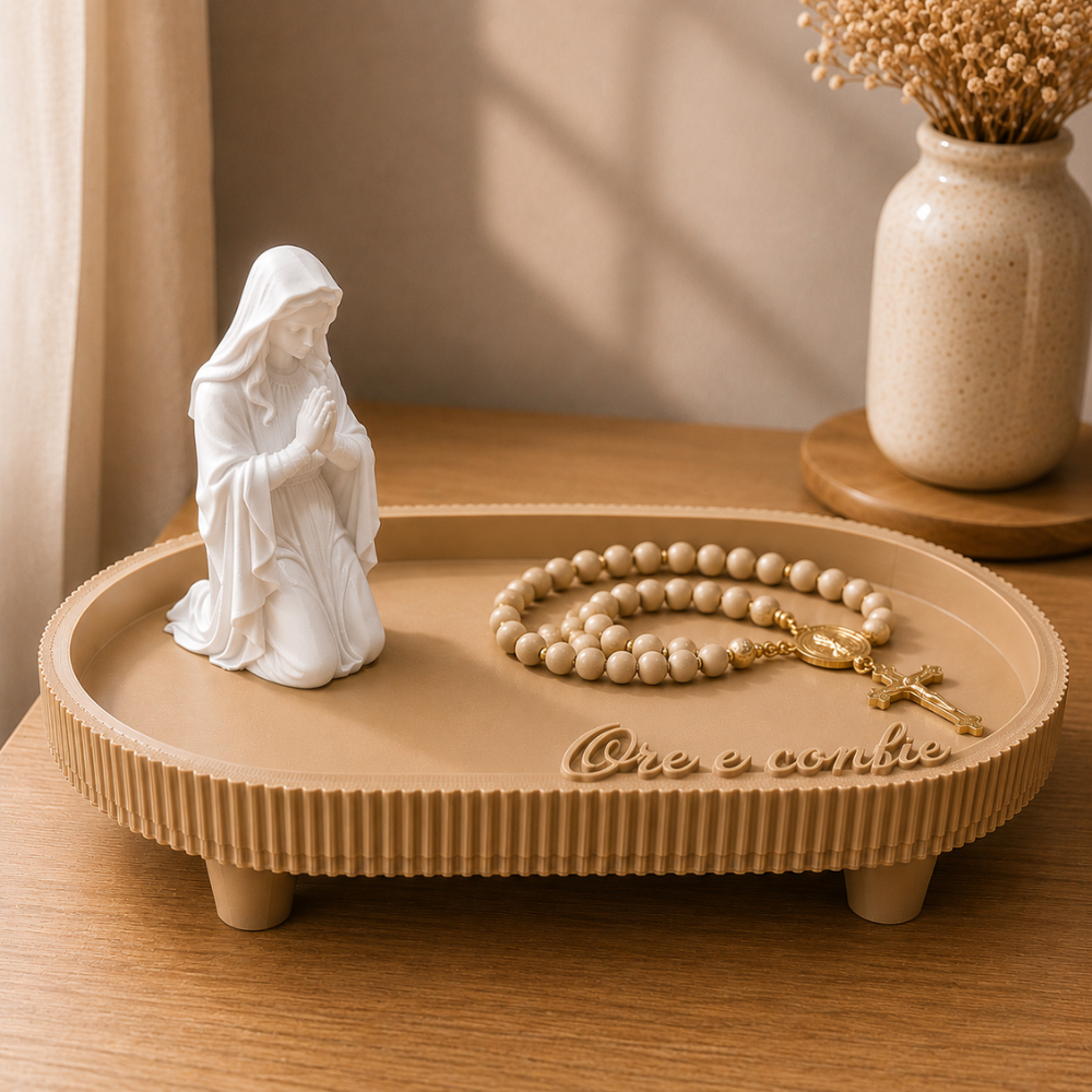 Kit Porta Terço Nossa Senhora Cantinho da Oração Bandeja Decorativa Religiosa Presente Católico Ore e Confie