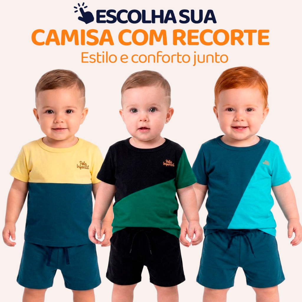 Conjunto Bebe Menino com Recorte Diagonal Camisa e Bermuda Design Moderno Estilo Casual