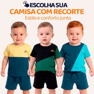 Conjunto Bebe Menino com Recorte Diagonal Camisa e Bermuda Design Moderno Estilo Casual