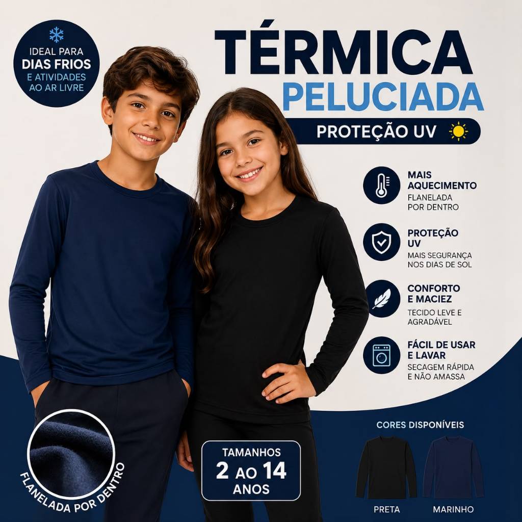 Blusa Térmica Infantil Peluciada Unissex, Segunda Pele Ideal para o Inverno