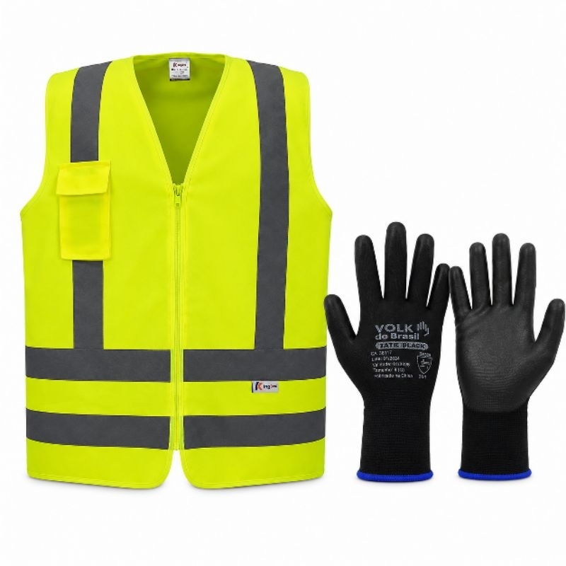 KIT ENTREGADOR COLETE SINALIZAÇÃO REFLETIVO e LUVA MULTITATO, OBRA, TRANSITO, ENTREGA