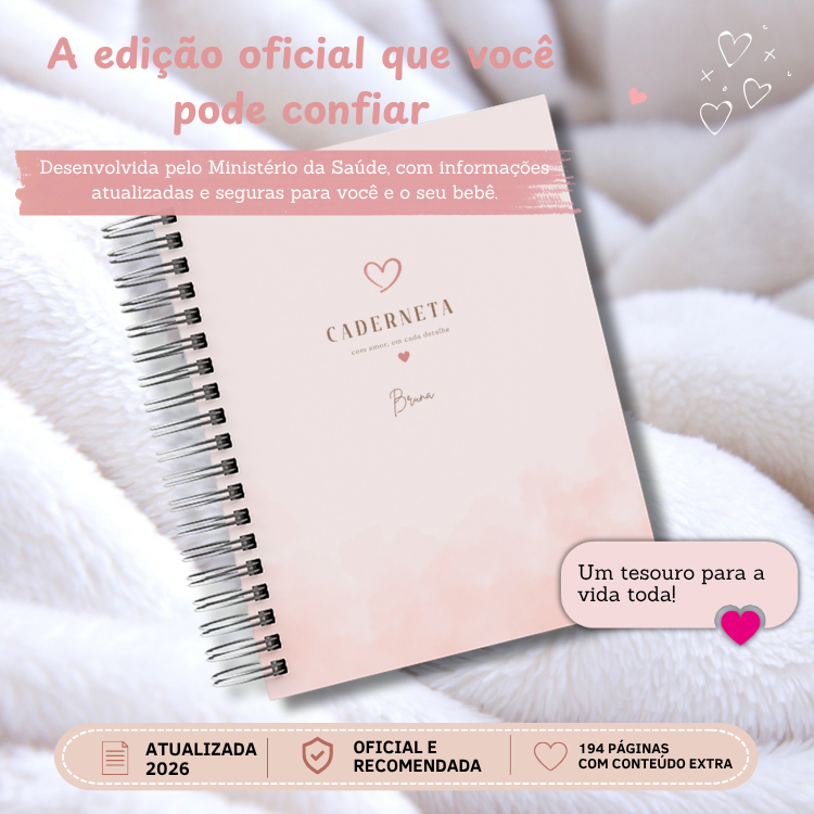 Caderneta da Gestante Brasileira Oficial - Caderneta Pré-Natal 2026 Completa e Personalizada - Rosa Nuvem