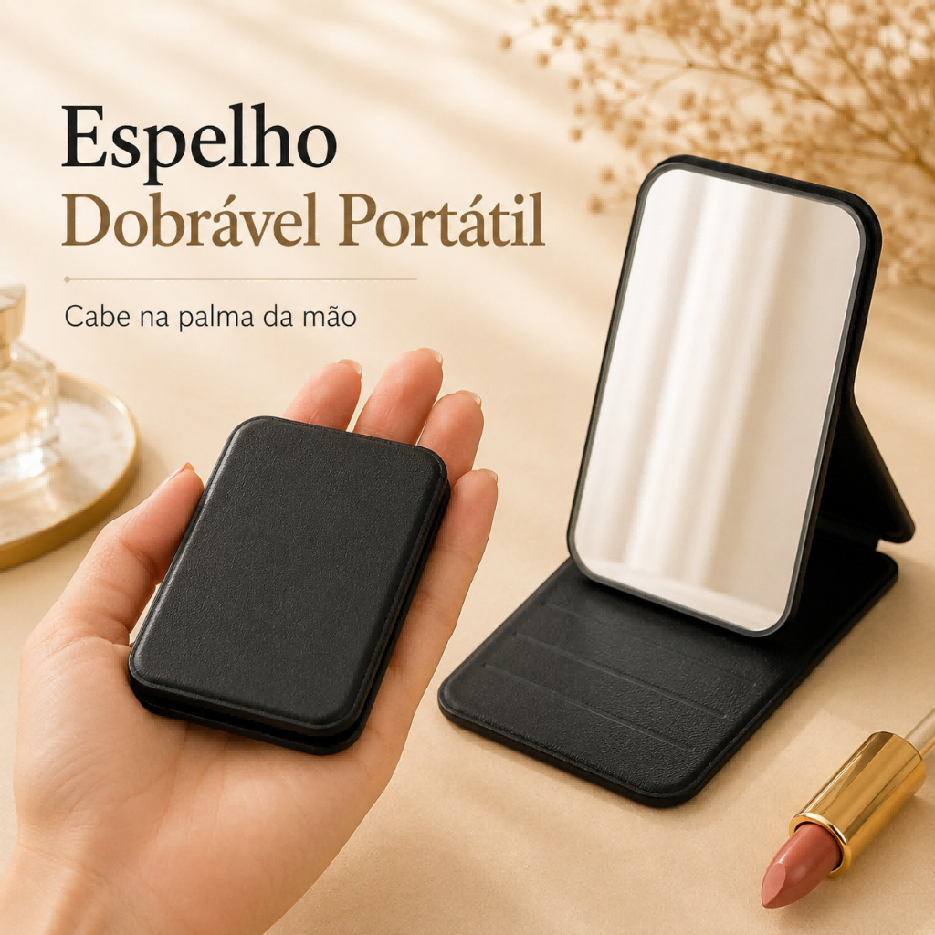 Espelho de Bolsa Dobrável Portátil para Maquiagem com 3 Ângulos e 4 Cores