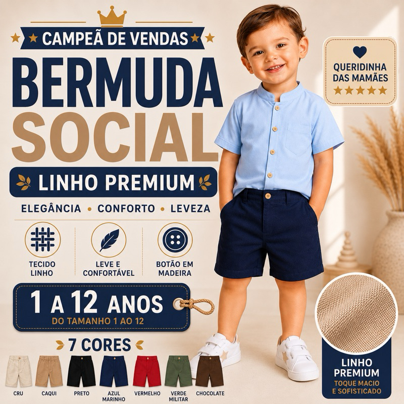 Bermuda Infantil Menino Social em Linho | Tecido elegante e leve