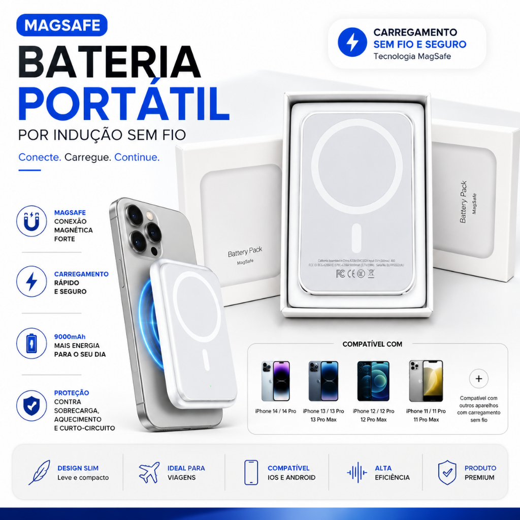 Carregador Portátil Indução para iPhone  Magsafe Sem fio Bateria Carga 5000mAH