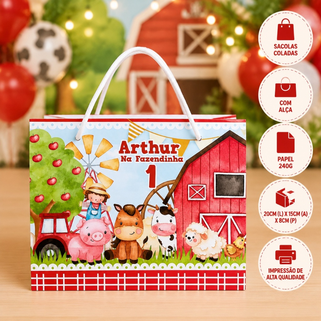 Sacolinha Personalizada Fazendinha Menino + Brinde Forminhas | Lembrancinha Festa Infantil Tema Fazenda | Nome e Idade