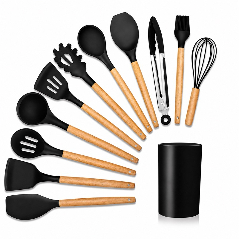 KIT 12 Peças de Utensílios Para Cozinha em Silicone e Bambu, utensílios culinários, utensílios antiaderentes