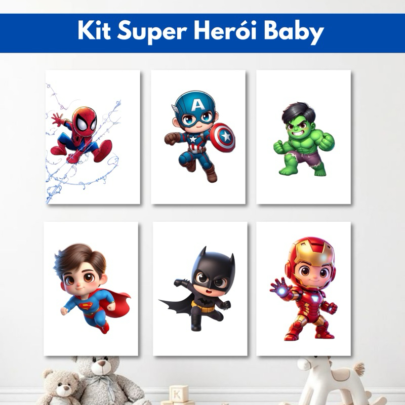 Quadros decorativos para festa decoração infantil neném Kit 6 placas super herói baby Marvel DC Geek Alta qualidade
