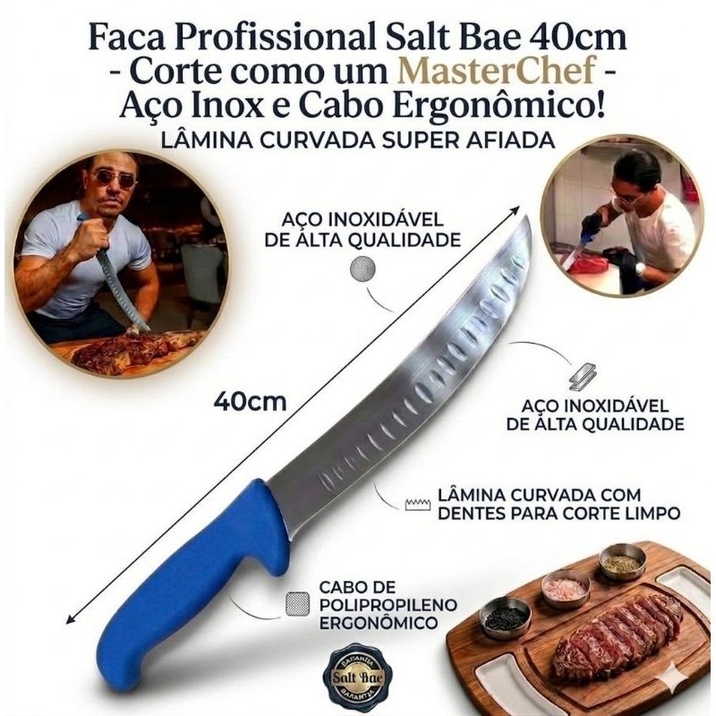 ​Faca Profissional Churrasco Salt Bae 40cm Aço Inox Curva