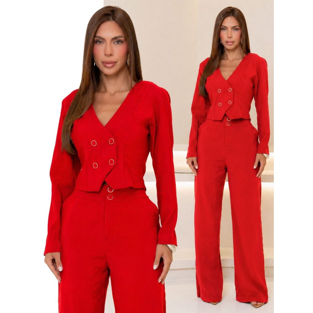 Conjunto Feminino Colete Calça Pantalona Alfaiataria Marant Elegante Casual Cropped Cintura Alta Social Trabalho