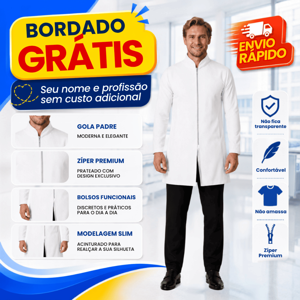 Jaleco Slim Masculino, Em Gabardine, Fechamento em zíper BORDADO GRÁTIS