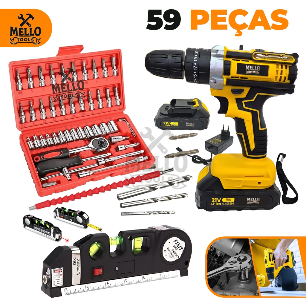 Kit Parafusadeira Furadeira Sem Fio 48V + Kit Jogo Soquete + Nivel a Laser + Trena, Kit Ferramentas Completo Bivolt