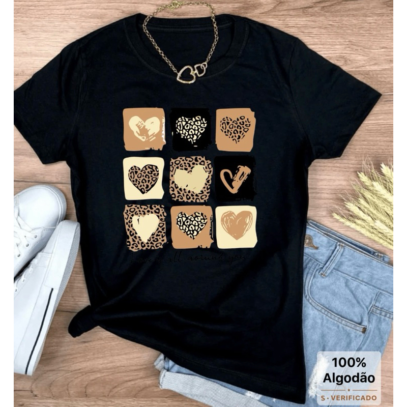 Camiseta feminina 100% algodão, super confortável. Estampa exclusiva de corações Look fashionista e versátil.