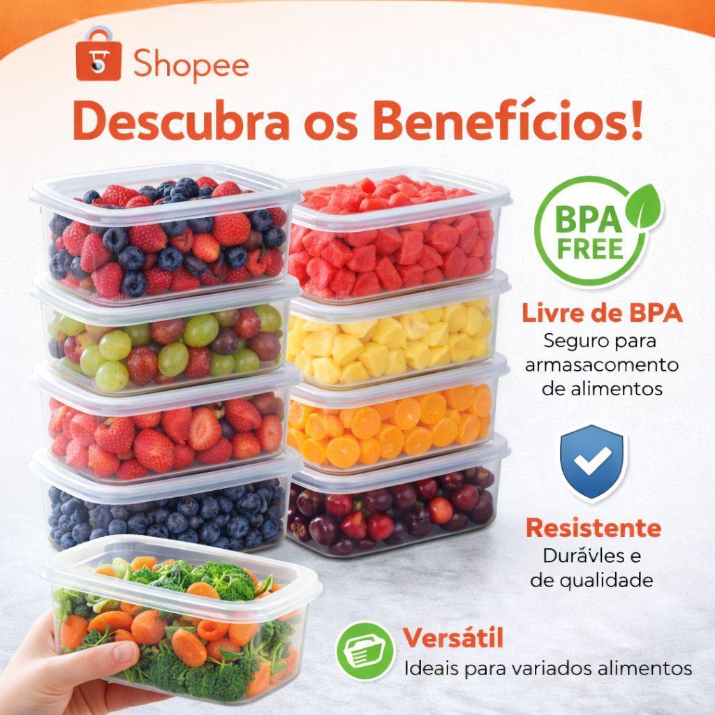 Kit 10 Potes 1L Transparentes BPA Free Marmita Fit Organizador de Alimentos Plástico
