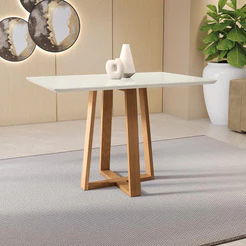 Mesa de Jantar Kappesberg em Madeira Maciça com Tampo de Vidro Off White 120cm