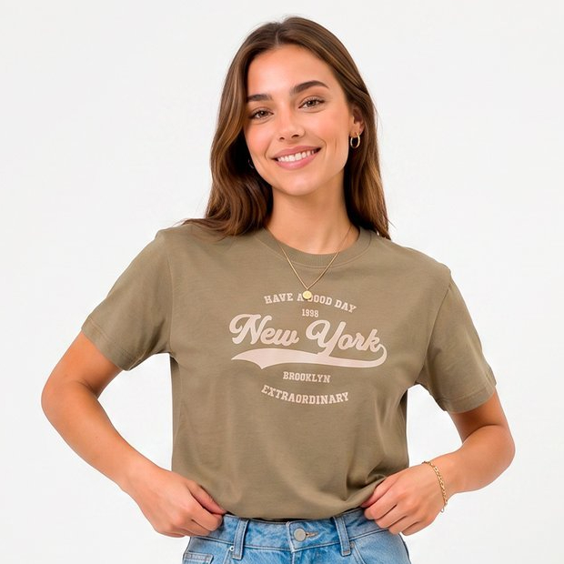 T-shirt Feminina Tecido Premium Caqui Estampa Moderna New York 1998 Toque Suave Tecido Premium