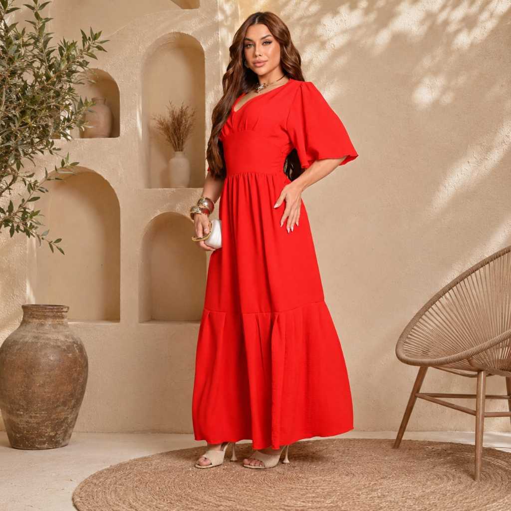Vestido Longo Feminino Casual Confortável Elegante Clássico Soltinho Manga Morcego Decote V Moda Evangélica