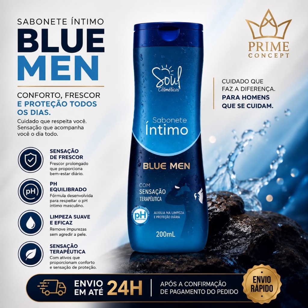 Sabonete Íntimo Masculino Blue Men Soul Gel Sensação Térmica Refrescante Barbatimão Aroeira PH 200ml