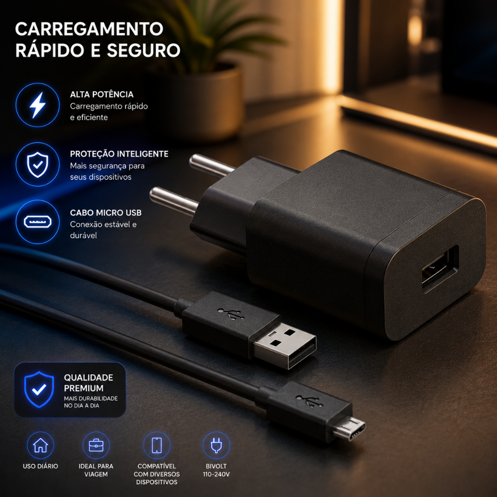 KIT Carregador Cabo e Fonte Turbo 50W V8 Entrada Micro-USB V8 Cabo Reforçado Para Celular Tablet Android Envio Imediato