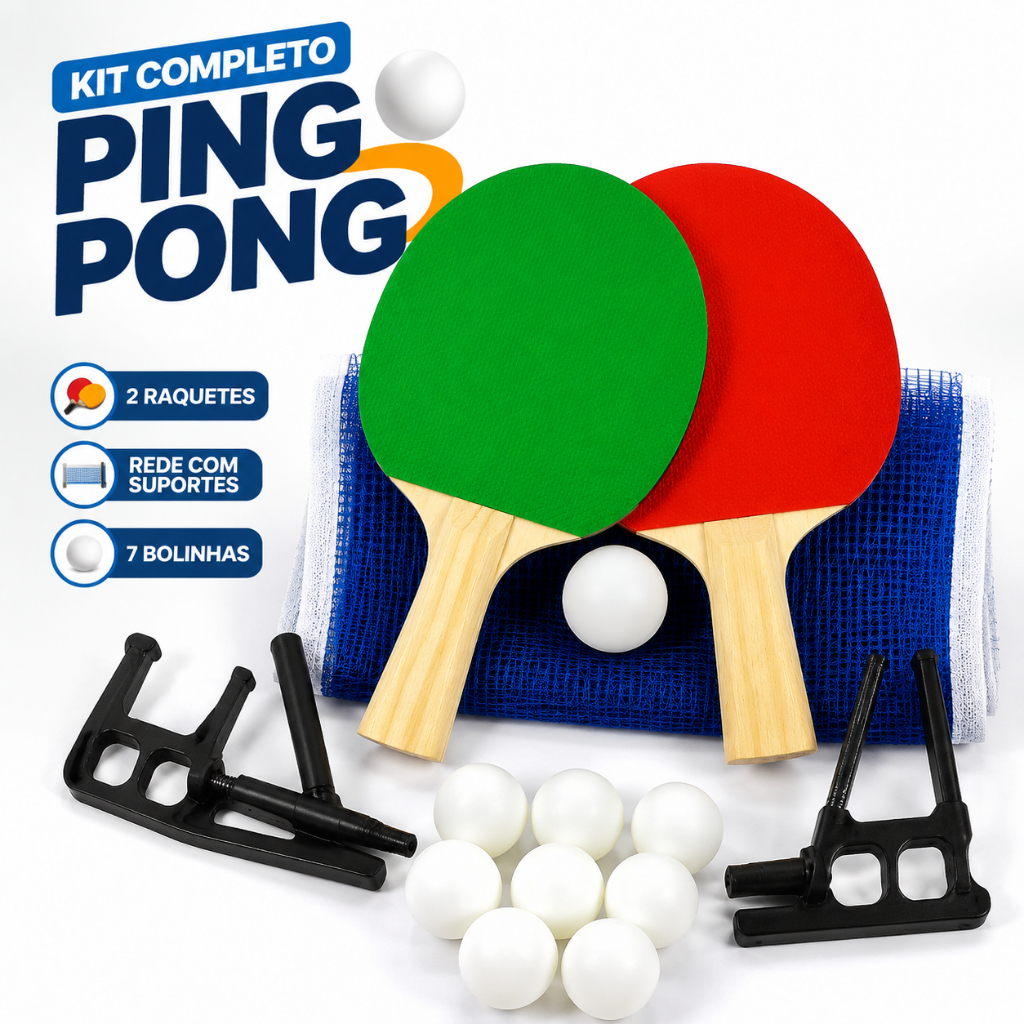 Jogo Ping Pong Completo Tênis de Mesa 2 Raquetes 7 Bolinhas Rede Suportes