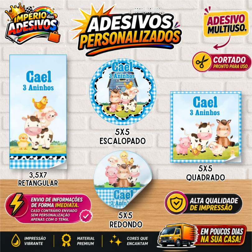 ADESIVOS CORTADOS PERSONALIZADOS 120, 100~40 PARA LEMBRANCINHAS - TEMA: FAZENDINHA - Envio Rápido