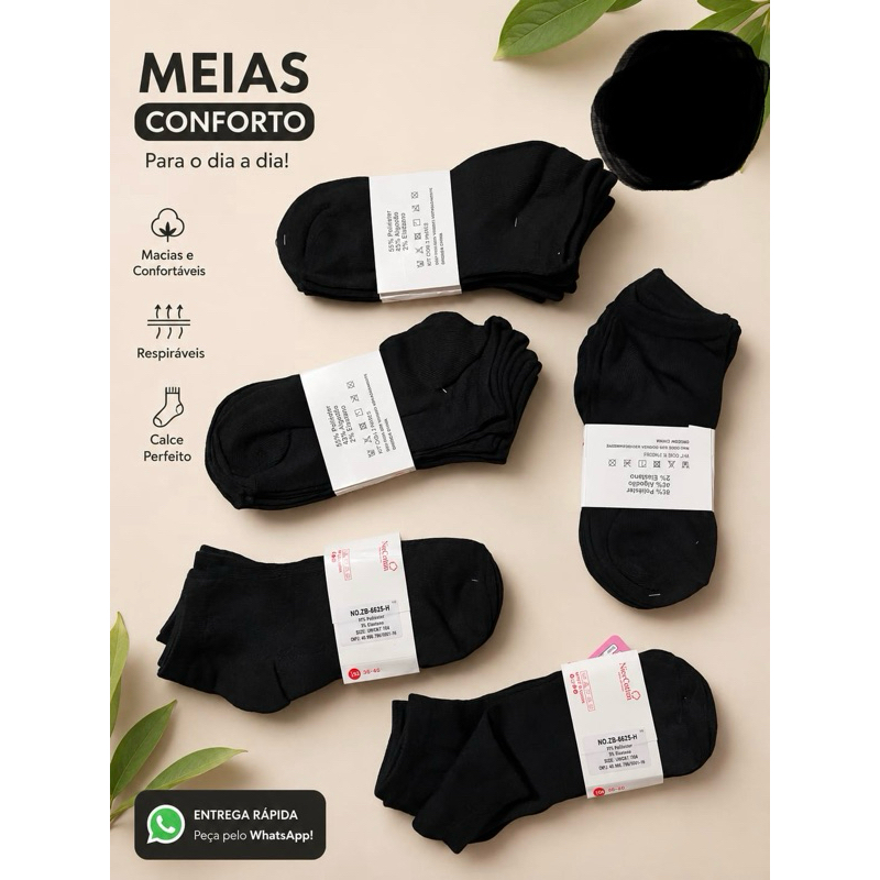 Meias Soquete Algodão Unissex Preto - Conforto e Tecnologia, Respirável e Macio