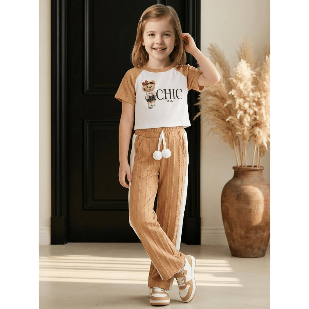 Conjunto Infantil Menina Camiseta Manga Curta e Calça Listrada Casual Ribana Prime Chic