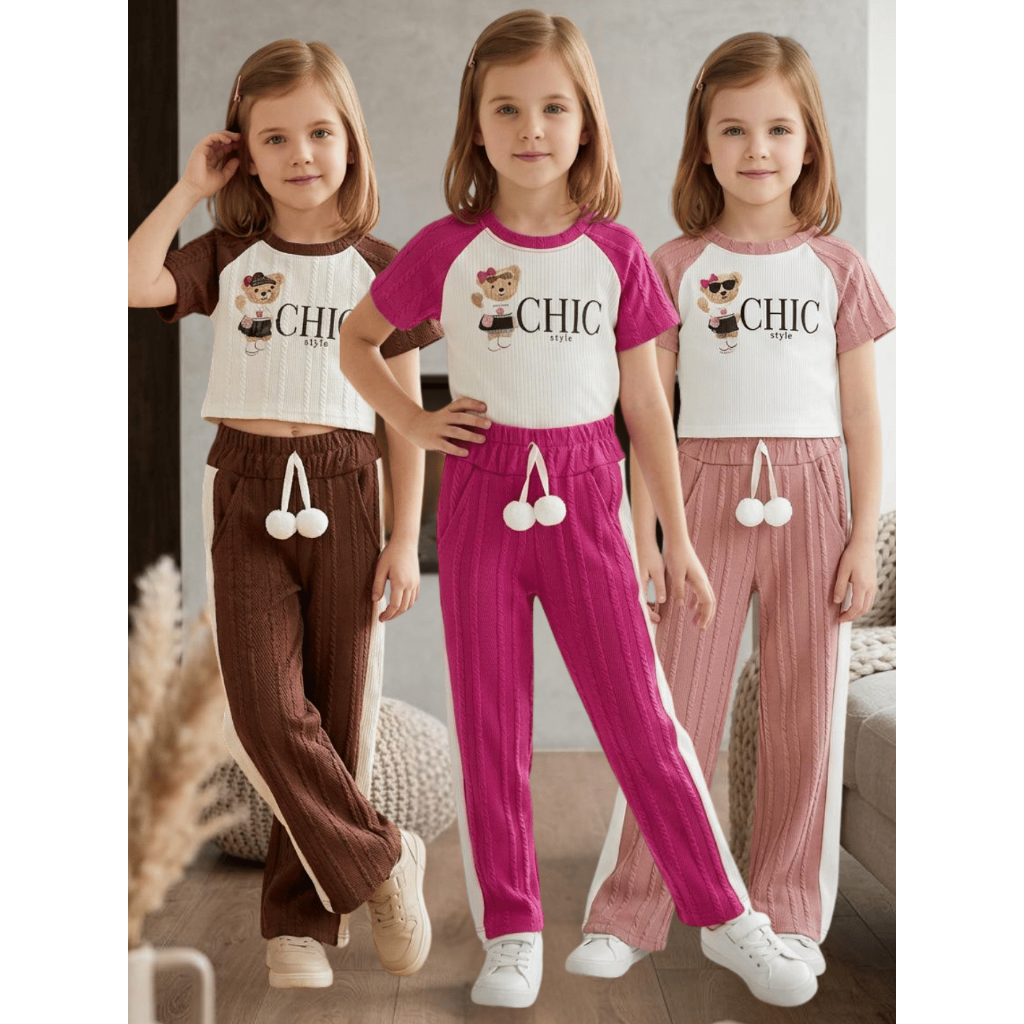 Conjunto Infantil Feminino Camiseta Estampada e Calça Listrada Leve Macia Dia a Dia