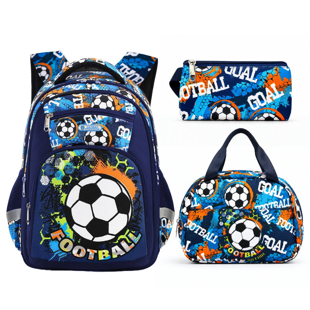 Mochila Escolar Futebol Masculina Kit 3 Peças Grande Impermeável para Ensino Fundamental e Médio