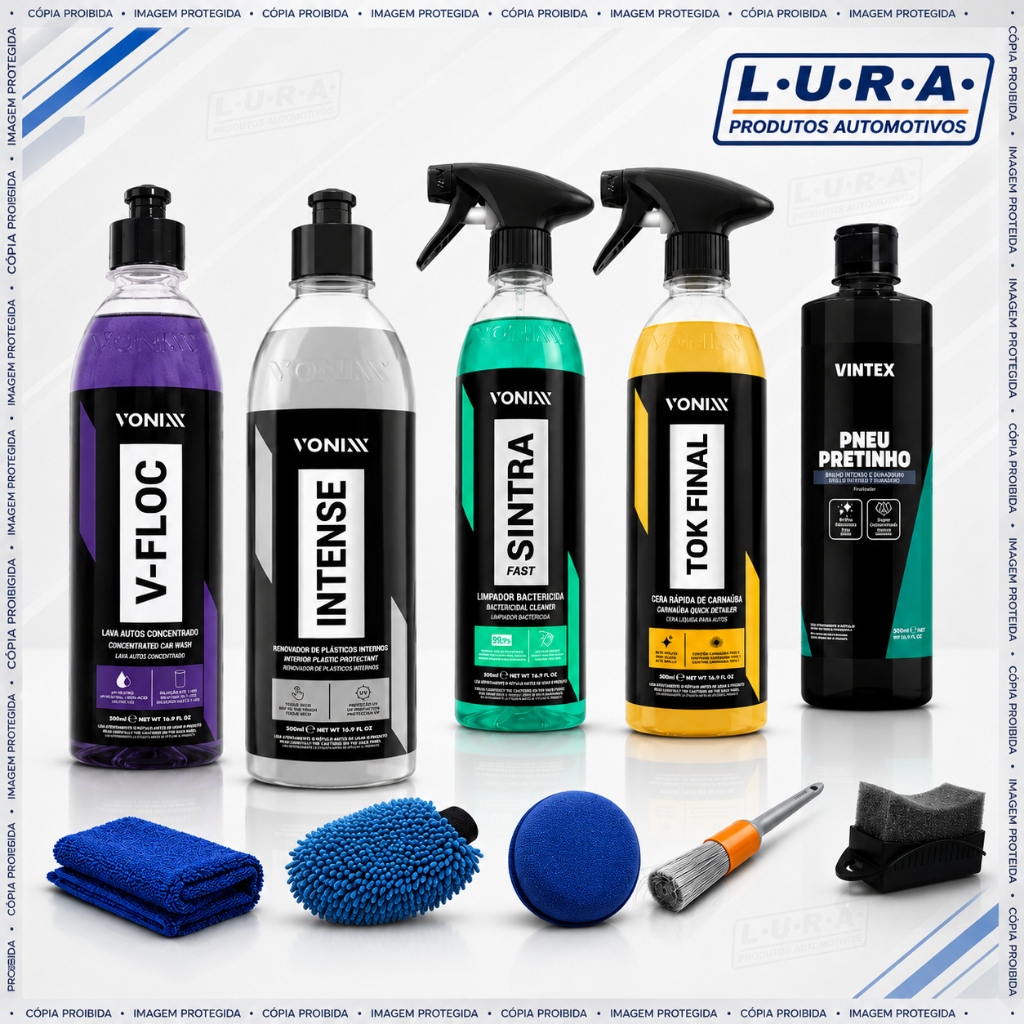 Kit Lavagem Shampoo v-floc Cera Tok Final Renovador de plásticos Intense apc Sintra Fast pneu pretinho Vonix