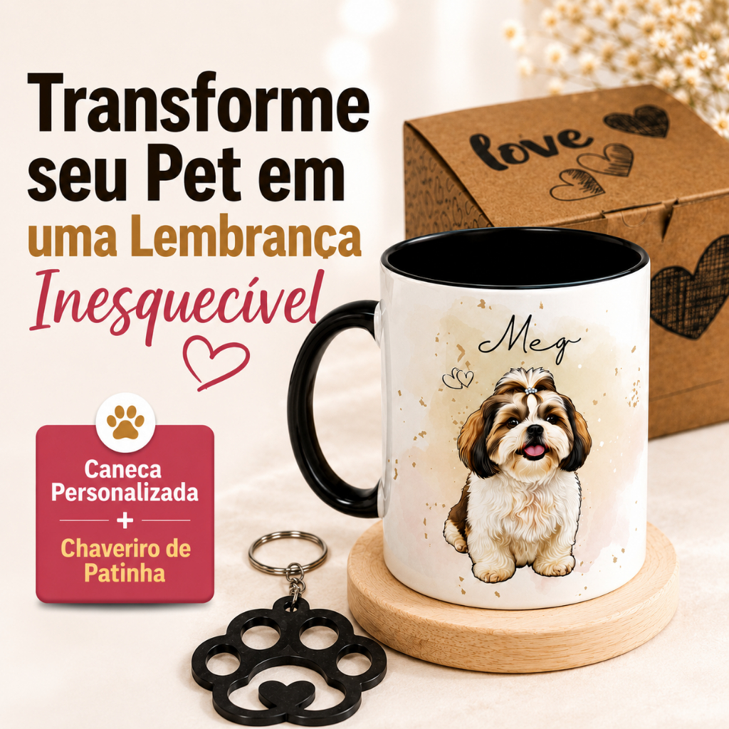 Caneca Pet Personalizada Caricatura Foto Nome Presente Xicara Criativo Cachorro Gato Opção de Chaveiro