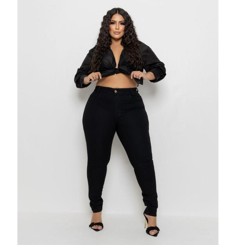 Calça Jeans Preta Plus Size Feminina Cintura Alta Skinny Lycra