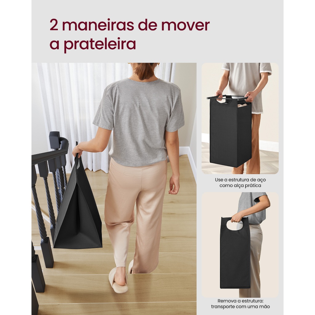 SONGMICS Cesto de roupa suja triplo com sacos removíveis, prateleira metálica, 3×40L, Branco Creme e Branco Nuvem · foto 2