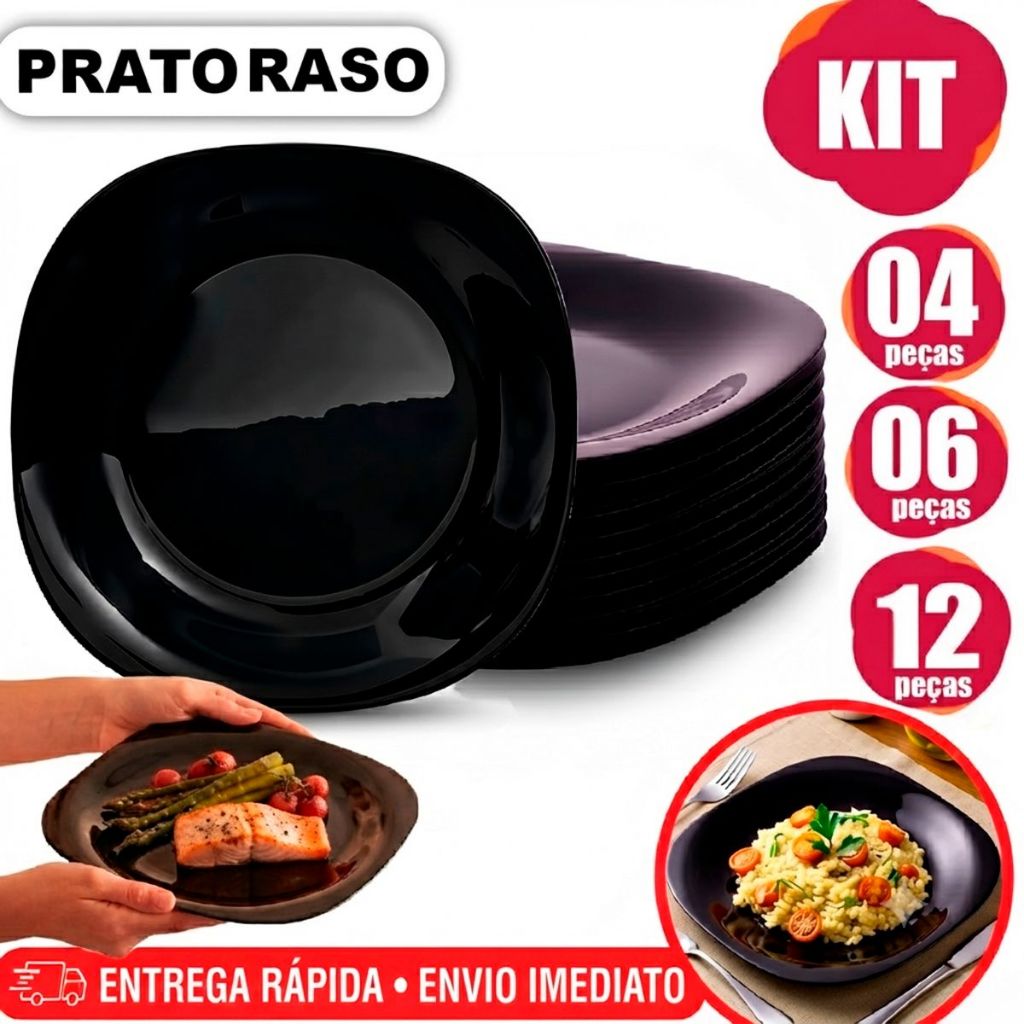 Kit Jogo 04/06/12 Pratos Quadrado Raso Preto Opaline Liso Vidro Temperado 26,5cm Elegante Cozinha