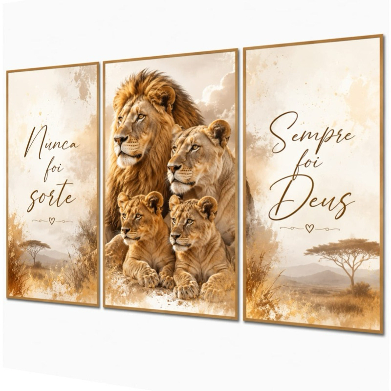 Quadros Decorativos Família Leão Religioso Nunca Foi Sorte Sempre Foi Deus 3 Peças Decoração Sala Quarto Escritório
