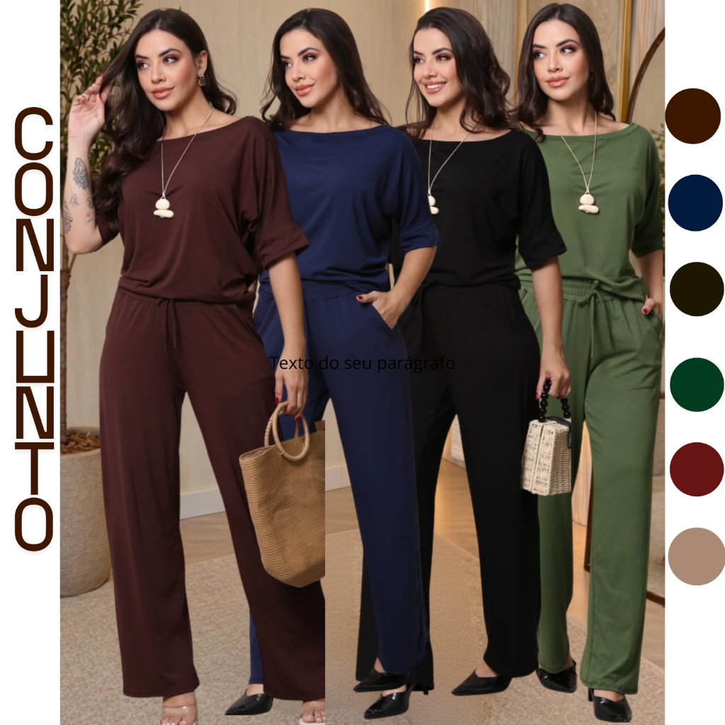 Conjunto Feminino Elegante Viscolycra kit 2 peças Calça Pantalona Blusa Soltinha Manga Curta Premium
