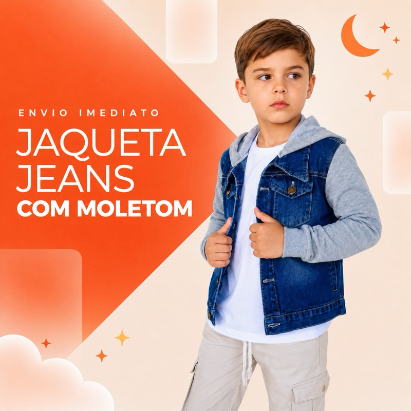 Jaqueta Jeans Infantil com Capuz em Moletom Masculina Estilosa Confortável