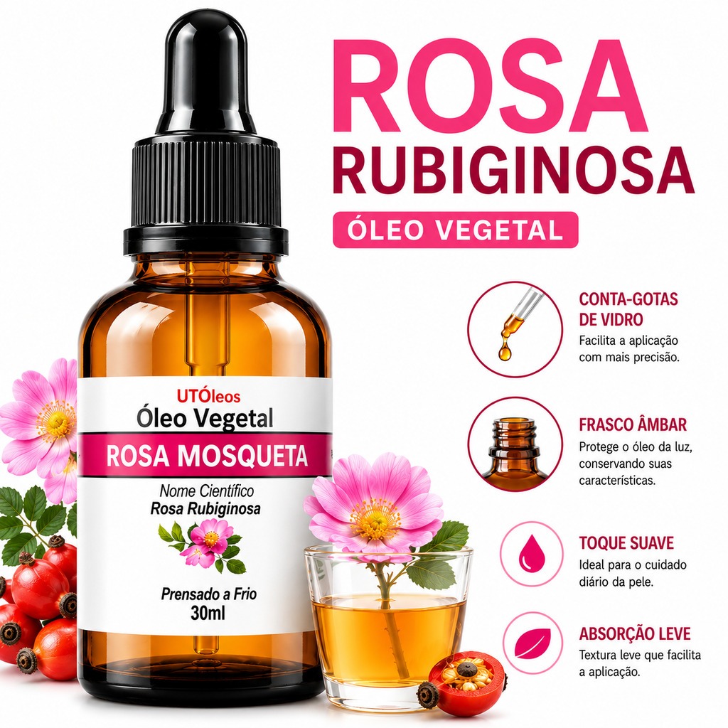 Óleo de Rosa Mosqueta Rubiginosa 100% Puro Rico em Vitaminas Hidratação Profunda Rosto e Corpo 30ml