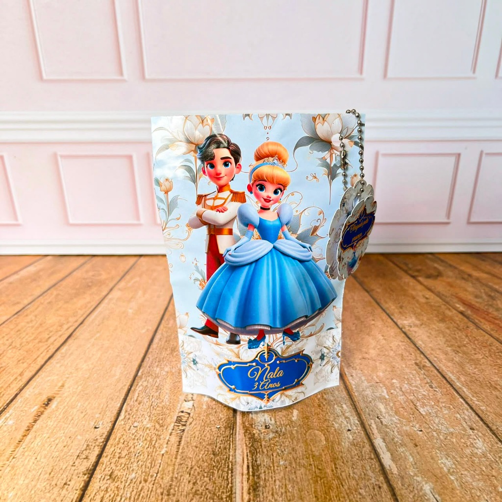 Saquinho Metalizado Zip Lock Personalizado com Tag - Tema Cinderela | Lembrancinha para Festa e Aniversário
