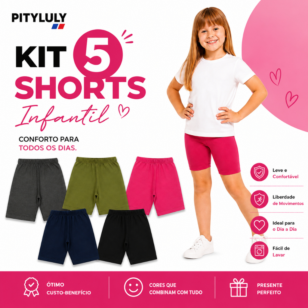 Kit 5 Shorts Ciclista Infantil 3 Ao 16 Bermuda Cotton Menina Cores Lisas Elastico