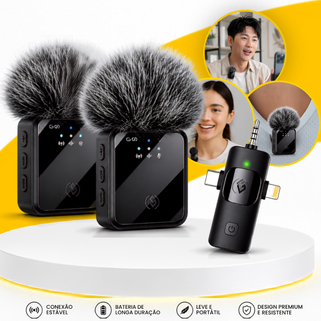 Microfone Sem Fio Lapela Duplo Profissional iPhone Android USB-C Lightning Celular Gravação Redondo