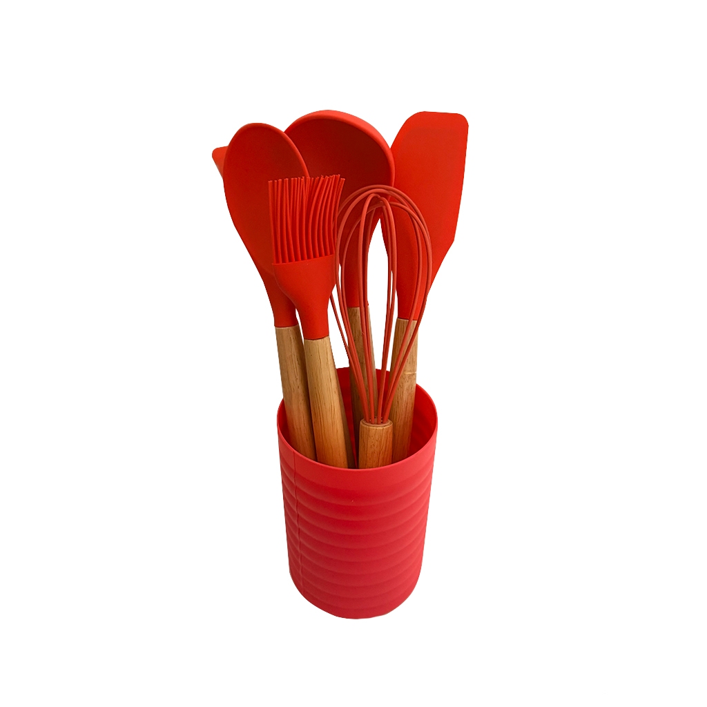 Kit Utensílios de Cozinha Silicone 7 Peças Cabo de Madeira Home Land Antiaderente Resistente ao Calor Vermelho