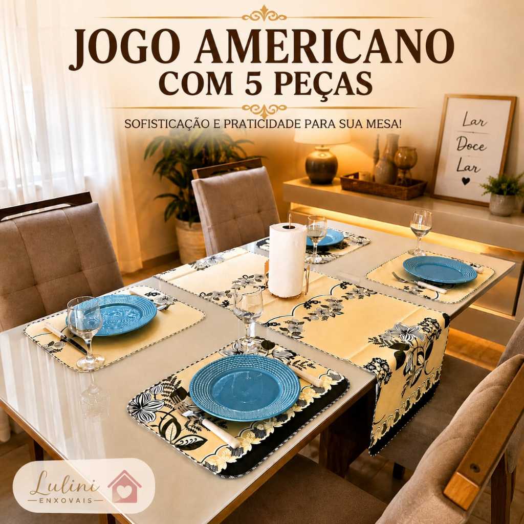 Kit Jogo Americano + Caminho de Mesa (5 peças) - CASA E DECORAÇÃO